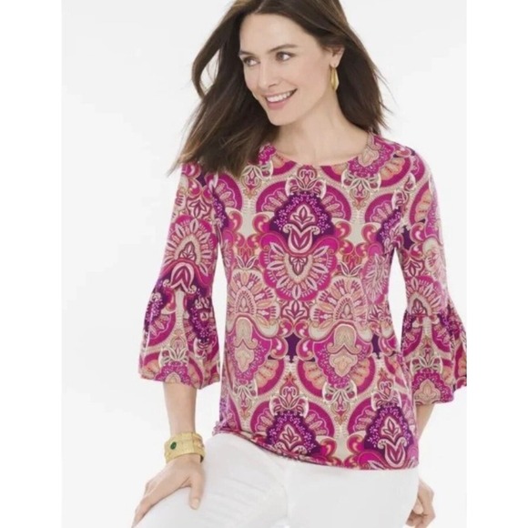 Chico's Tops - Chico's Shell Medallion Top Womens 2 L Pink Paisley Bell Sleeve Ruffle 570236416